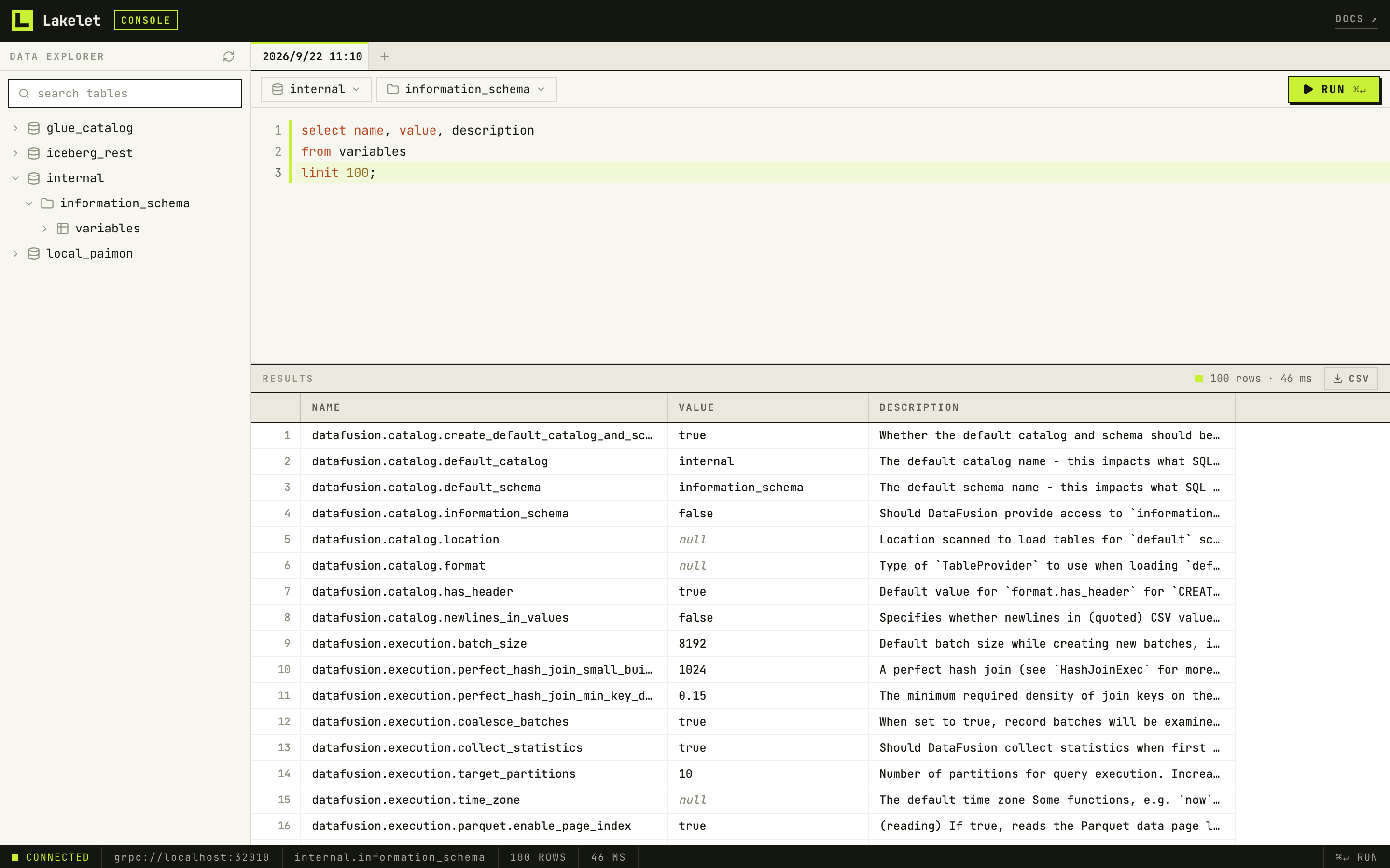 The Lakelet web console: catalog explorer, SQL editor and a result grid